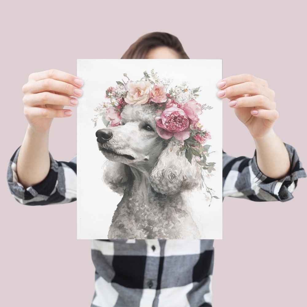 Watercolor Standard White Poodle with Flower Crown Wall Art Print, Unframed - Picture 4 of 7